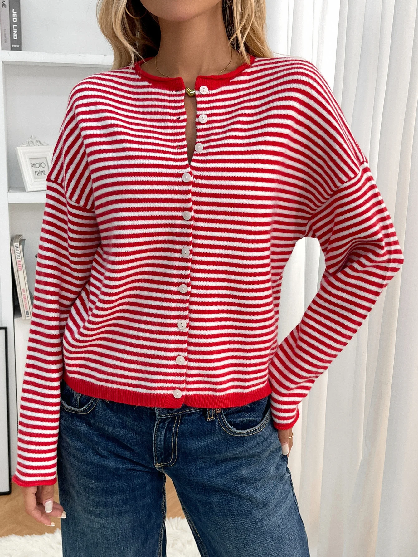Damen Baumwolle Gestreift Langarm Bequem Lässig Strickjacke