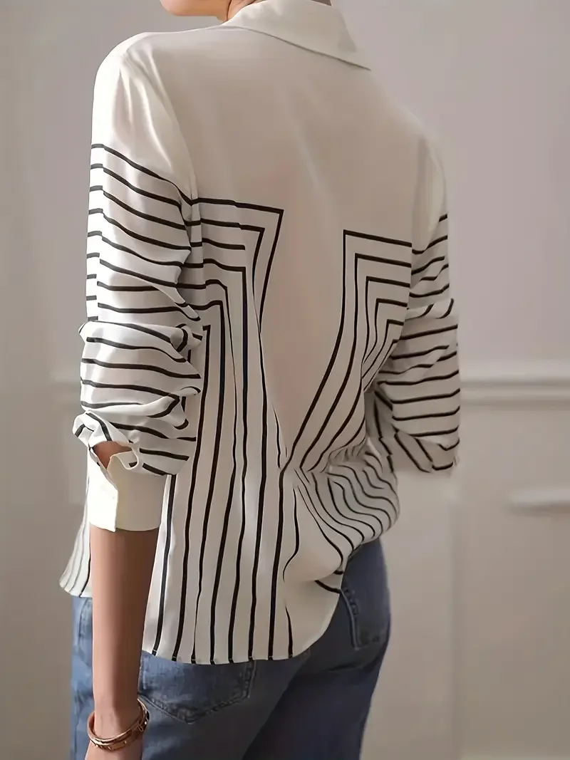 Hemdkragen Normale Ärmel Langarm Abstrakt Schnalle Regelmäßig Weit Knopfhemd Bluse für Damen