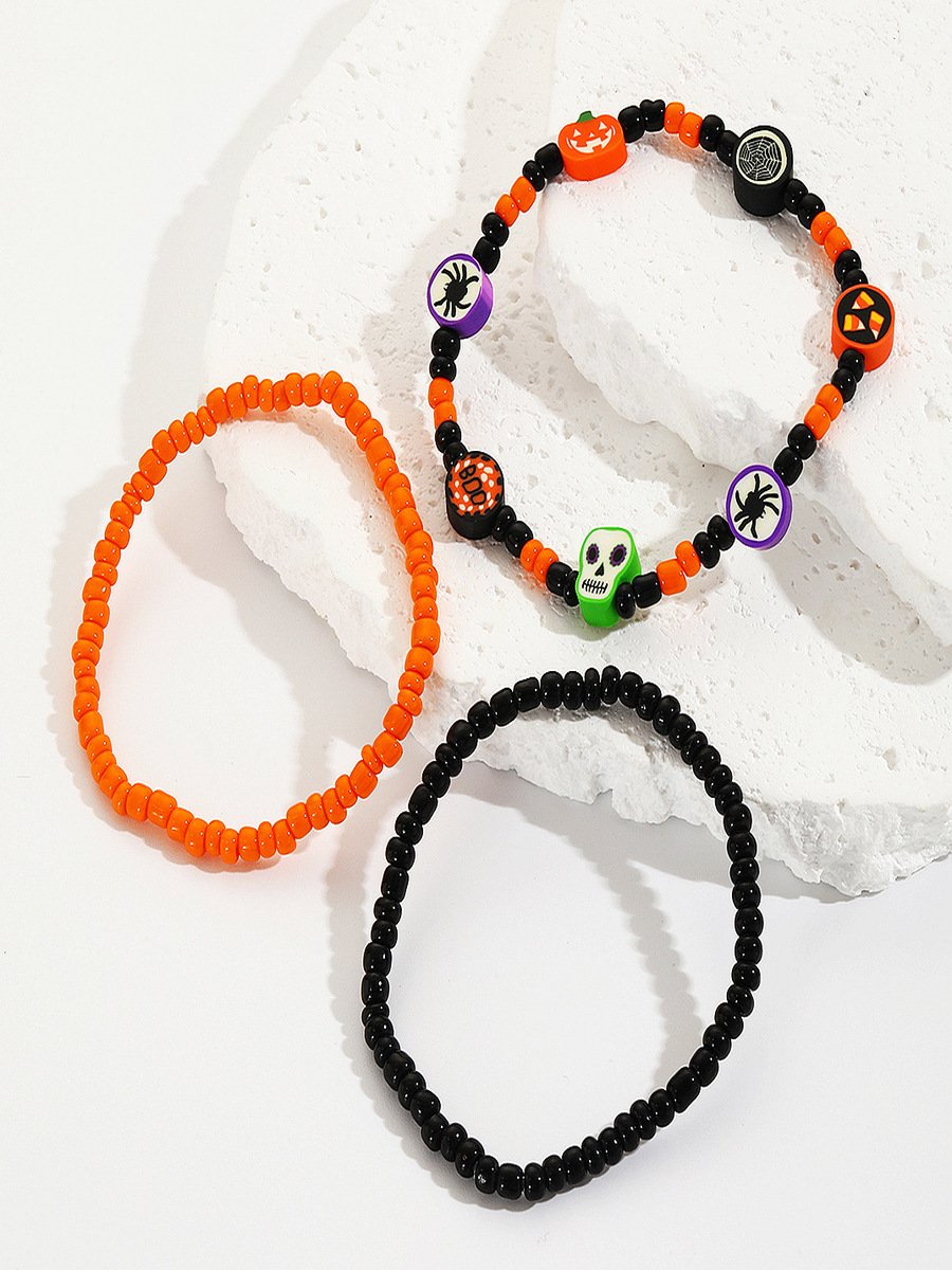 Heiß Verkauf Orange Reis Perlen Kristall Metall-plattiert Polymer Ton Kürbis Schädel Pendant Halloween Perlen Armband