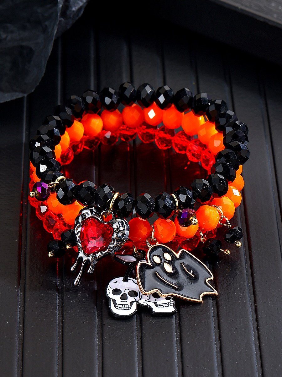 Heiß Verkauf Orange Reis Perlen Kristall Metall-plattiert Polymer Ton Kürbis Schädel Pendant Halloween Perlen Armband
