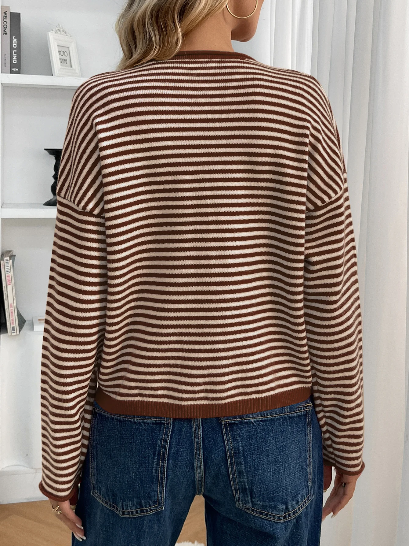 Damen Baumwolle Gestreift Langarm Bequem Lässig Strickjacke