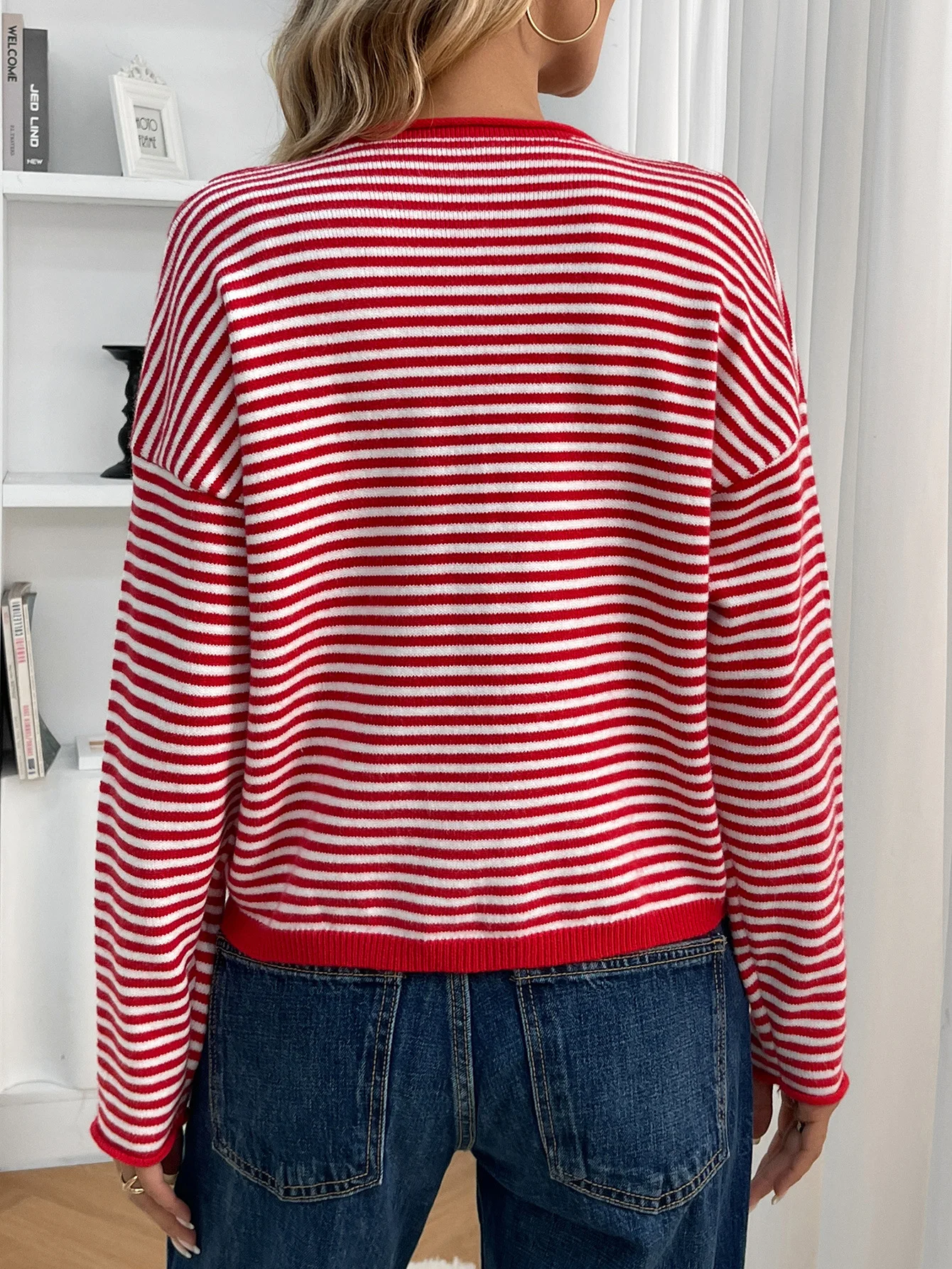 Damen Baumwolle Gestreift Langarm Bequem Lässig Strickjacke