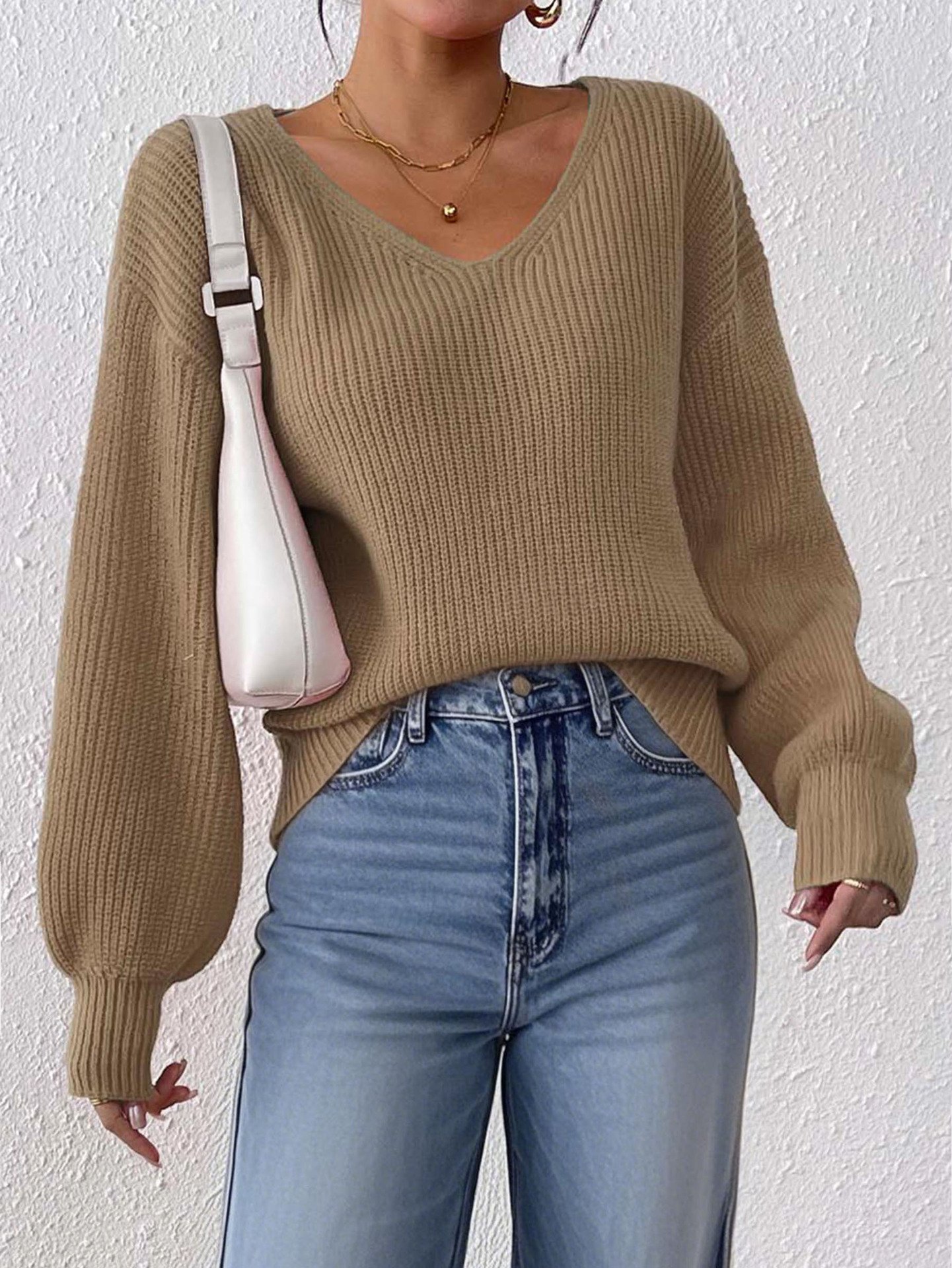 Damen Baumwolle Unifarben Langarm Bequem Lässig Pullover
