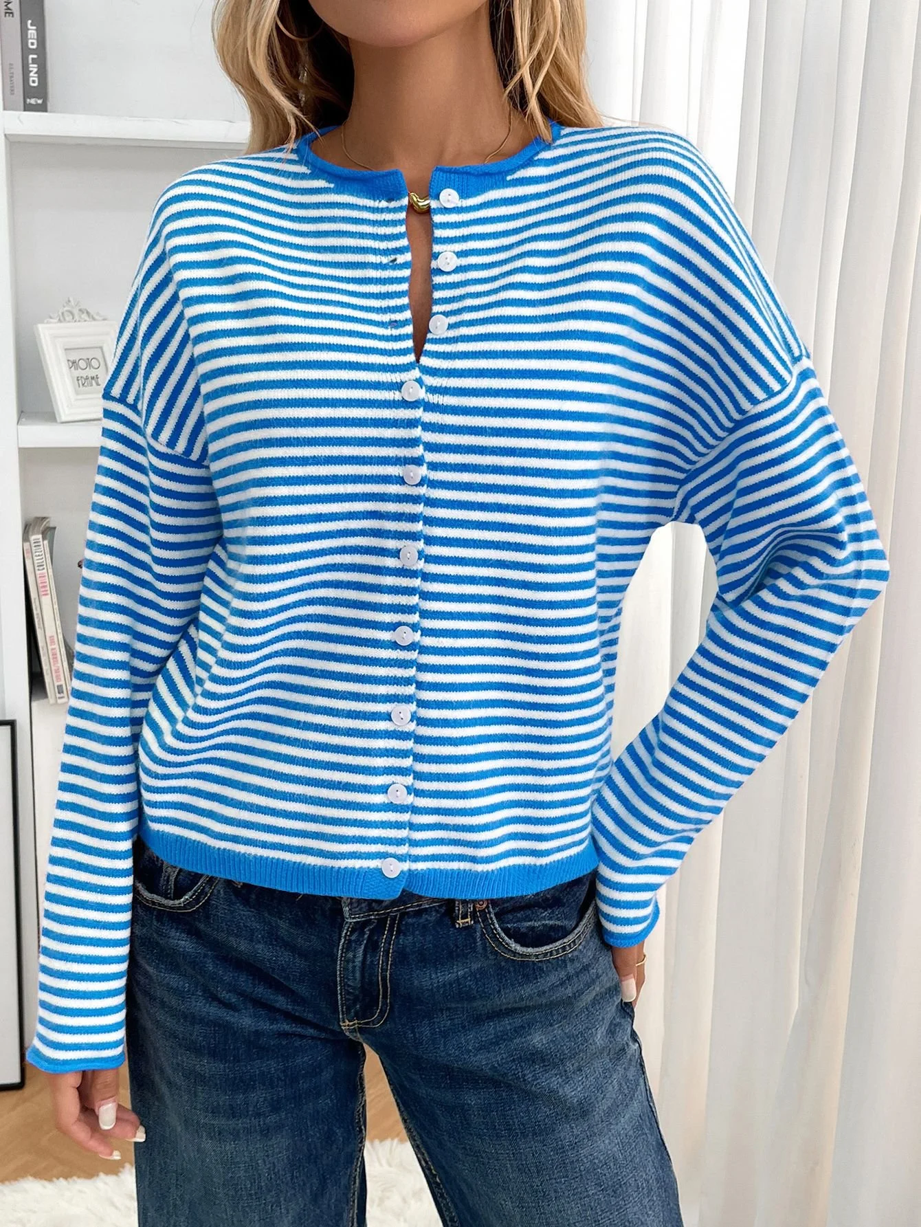 Damen Baumwolle Gestreift Langarm Bequem Lässig Strickjacke