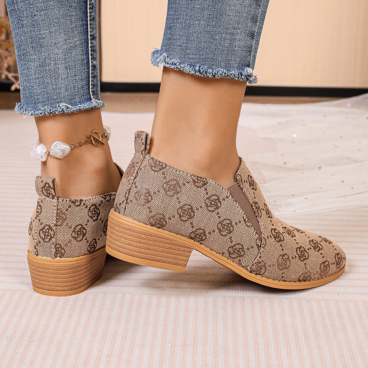 Retro Geometrisch Slip On Blockabsatz Flache Schuhe