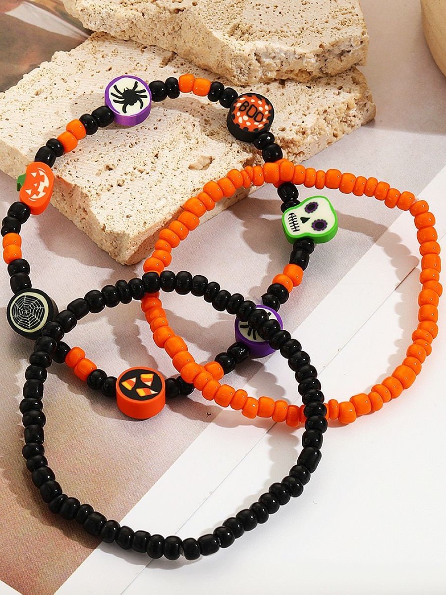 Heiß Verkauf Orange Reis Perlen Kristall Metall-plattiert Polymer Ton Kürbis Schädel Pendant Halloween Perlen Armband