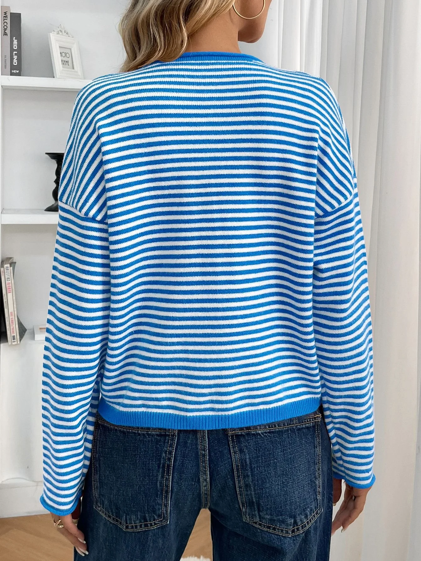 Damen Baumwolle Gestreift Langarm Bequem Lässig Strickjacke
