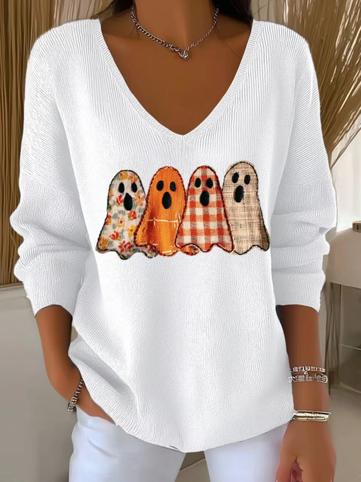 Damen Baumwolle Halloween Langarm Bequem Lässig Pullover