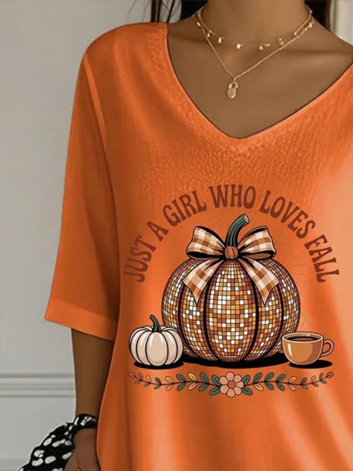Retro Kürbismuster Rundhals Dreiviertelärmel T-Shirt