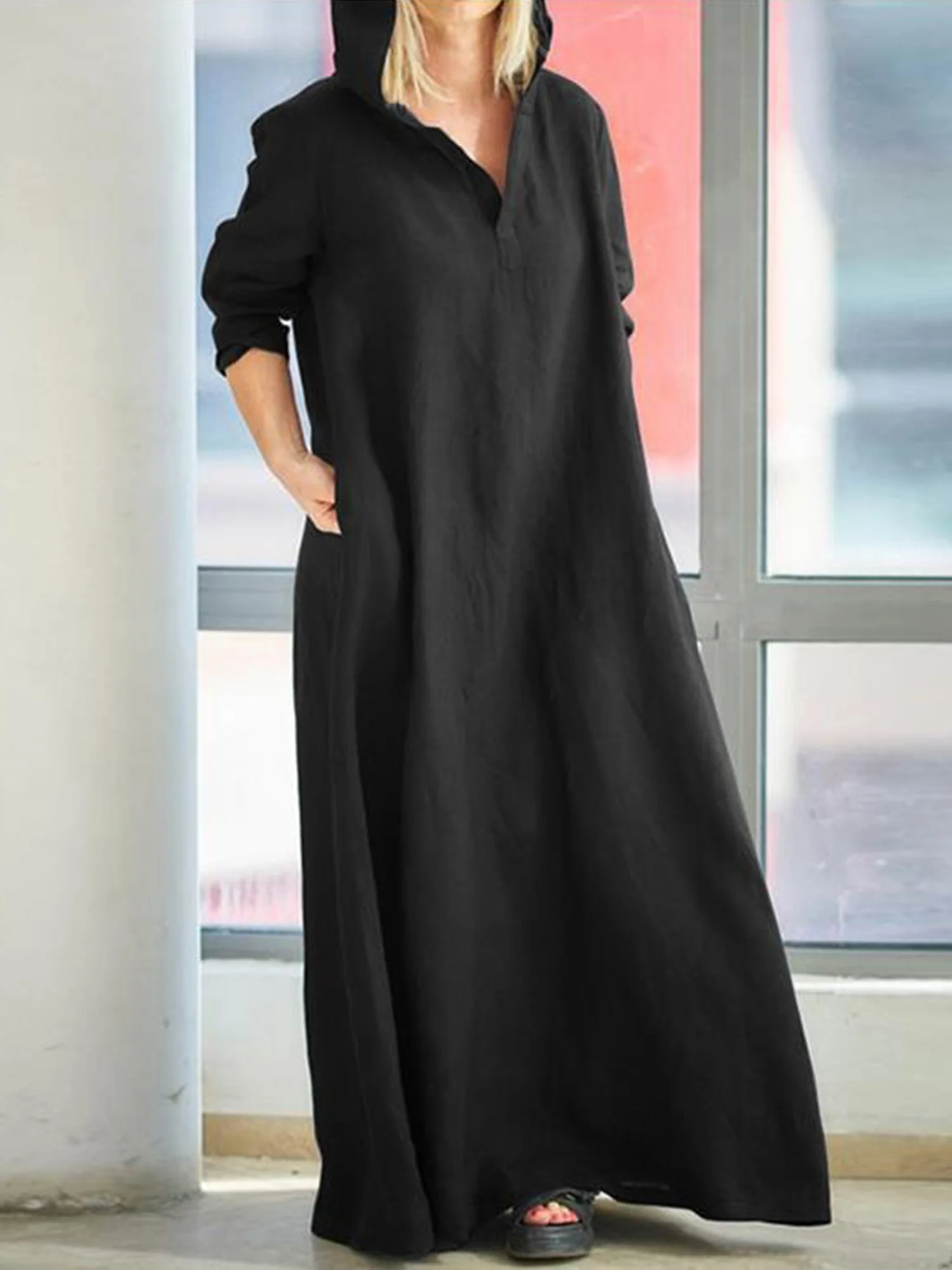 Damen Unifarben Frühling/Herbst Kleid Kapuze Langarm A-Linien-Kleid