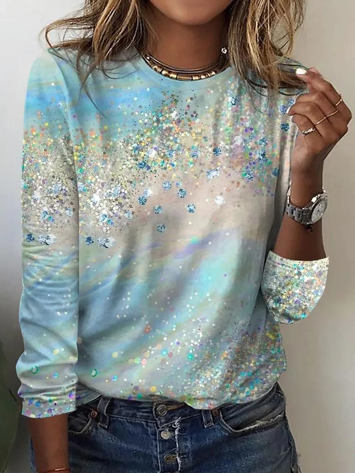 Retro Geometrisch Rundhals Langarm T-Shirt
