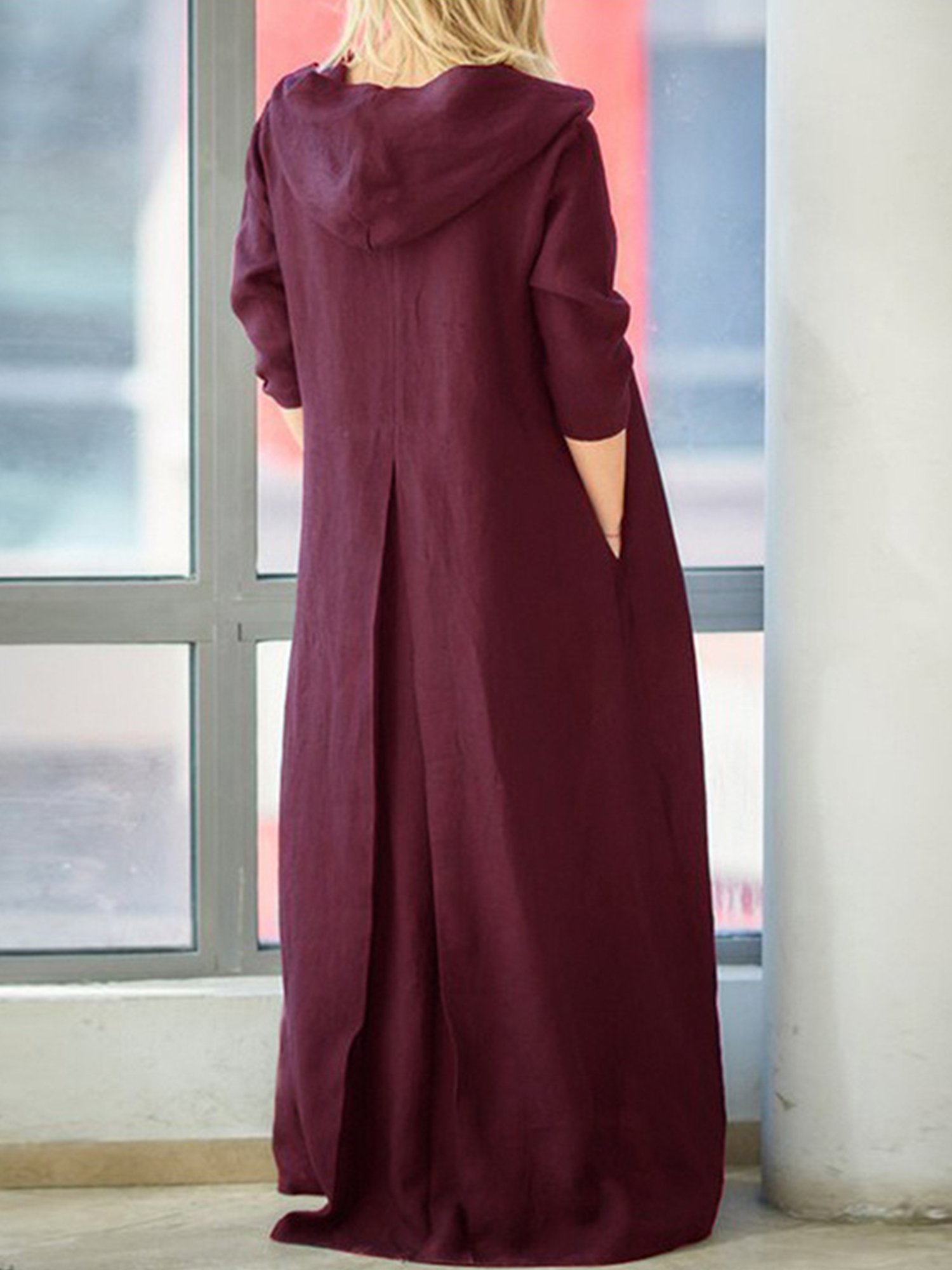 Damen Unifarben Frühling/Herbst Kleid Kapuze Langarm A-Linien-Kleid