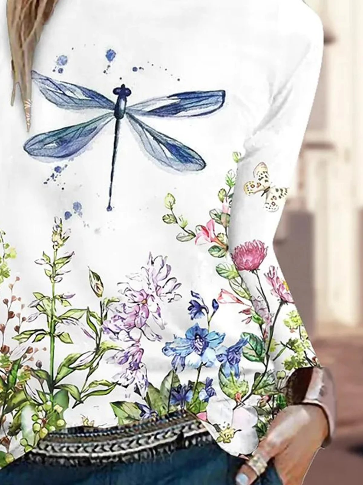 Lässig Geblümt Rundhals Langarm T-Shirt