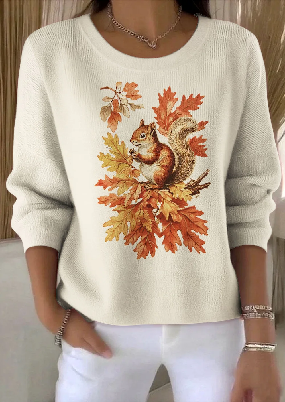 Damen Baumwolle Tier Langarm Bequem Retro Pullover