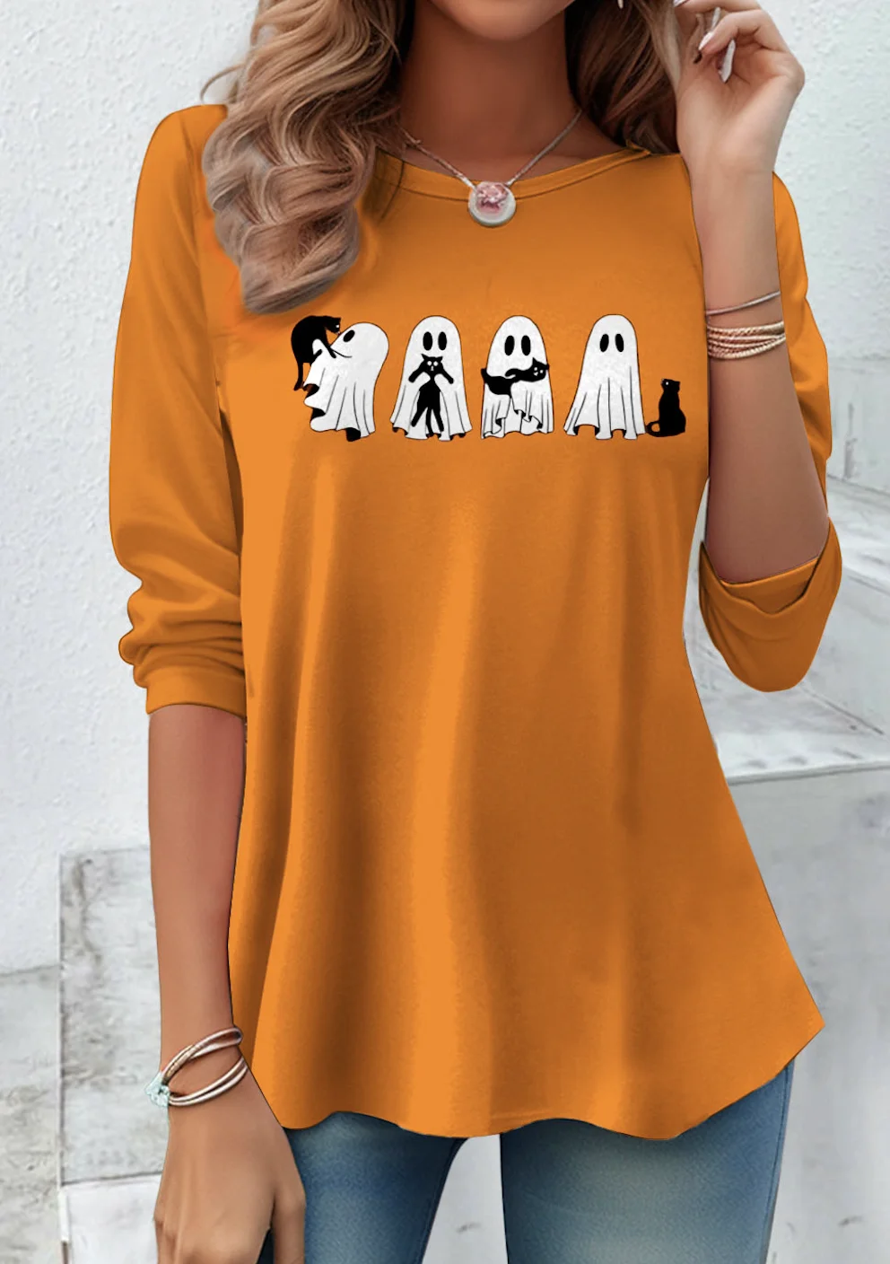 Lässig Geblümt Rundhals Langarm T-Shirt