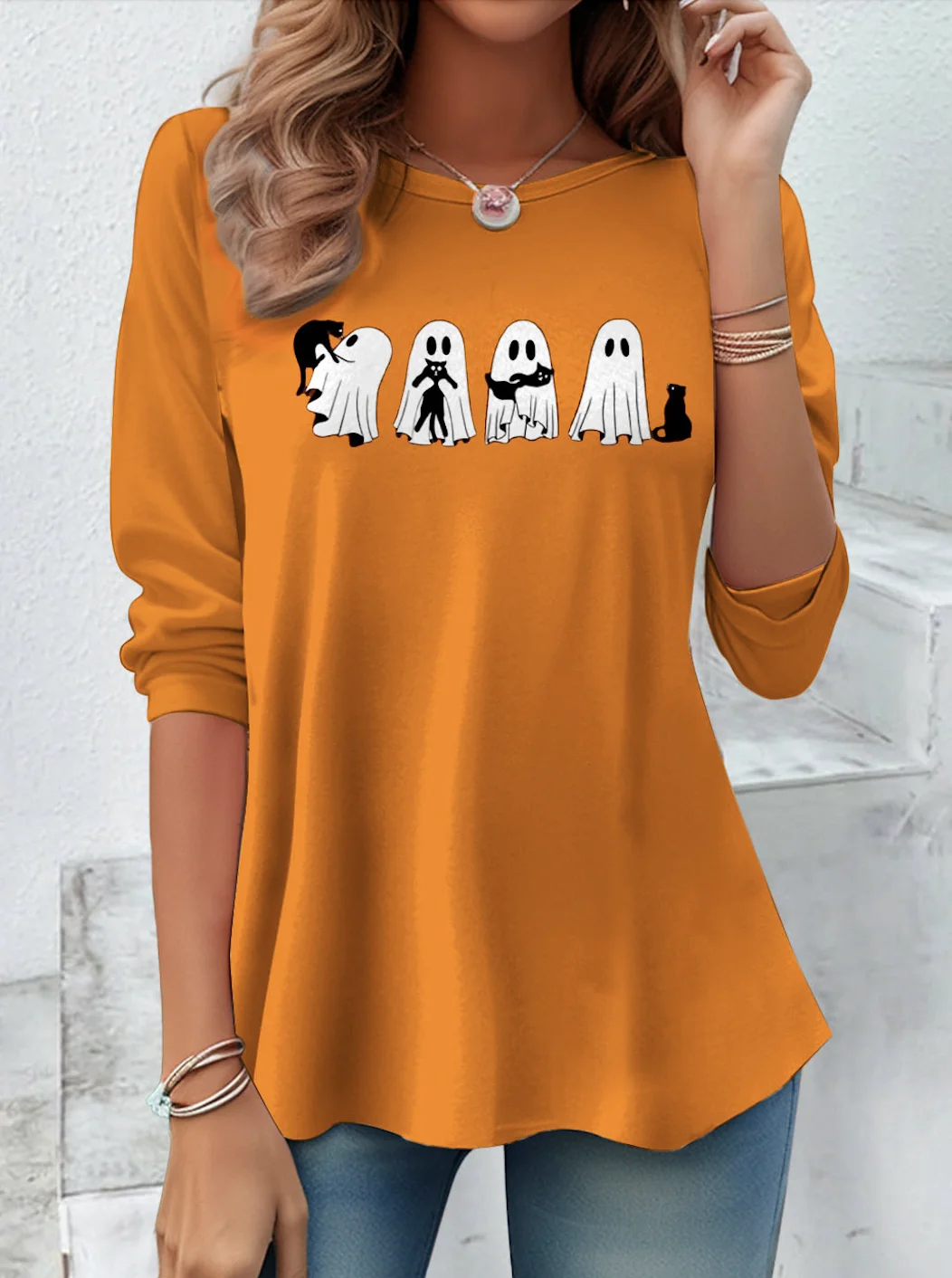 Lässig Geblümt Rundhals Langarm T-Shirt