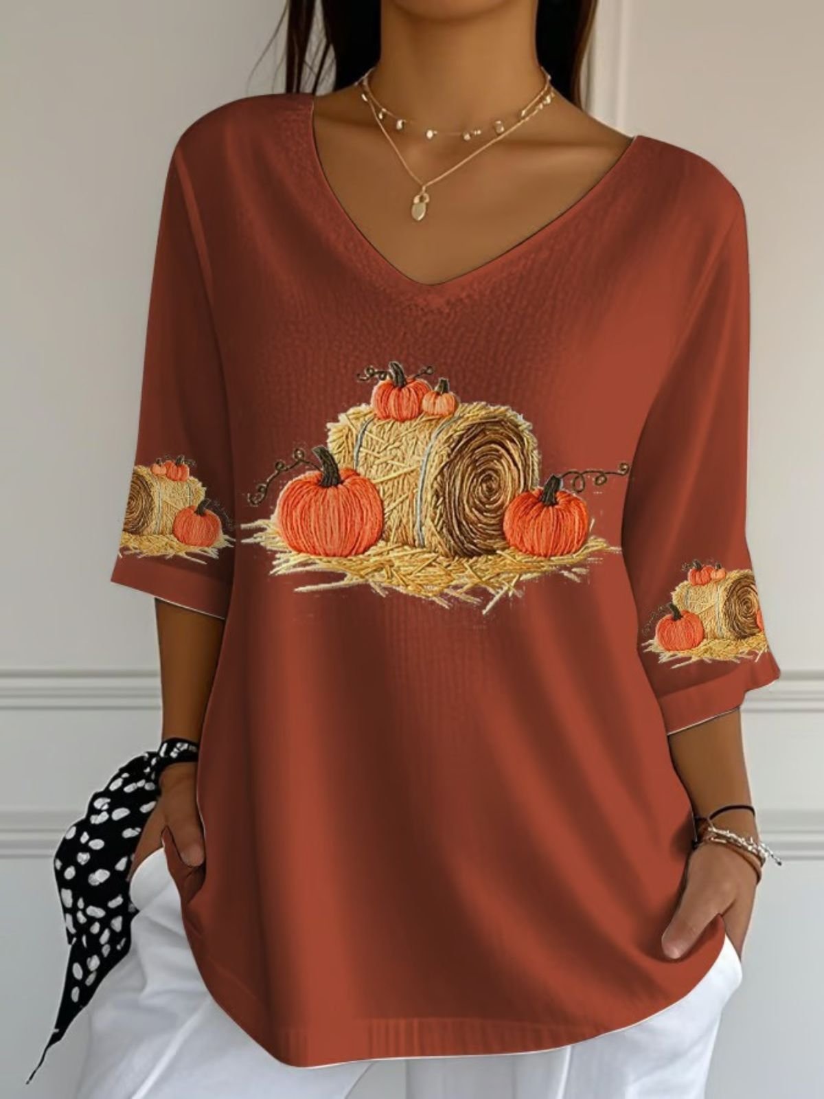 Retro Halloween (Kürbis) Rundhals Dreiviertelärmel T-Shirt