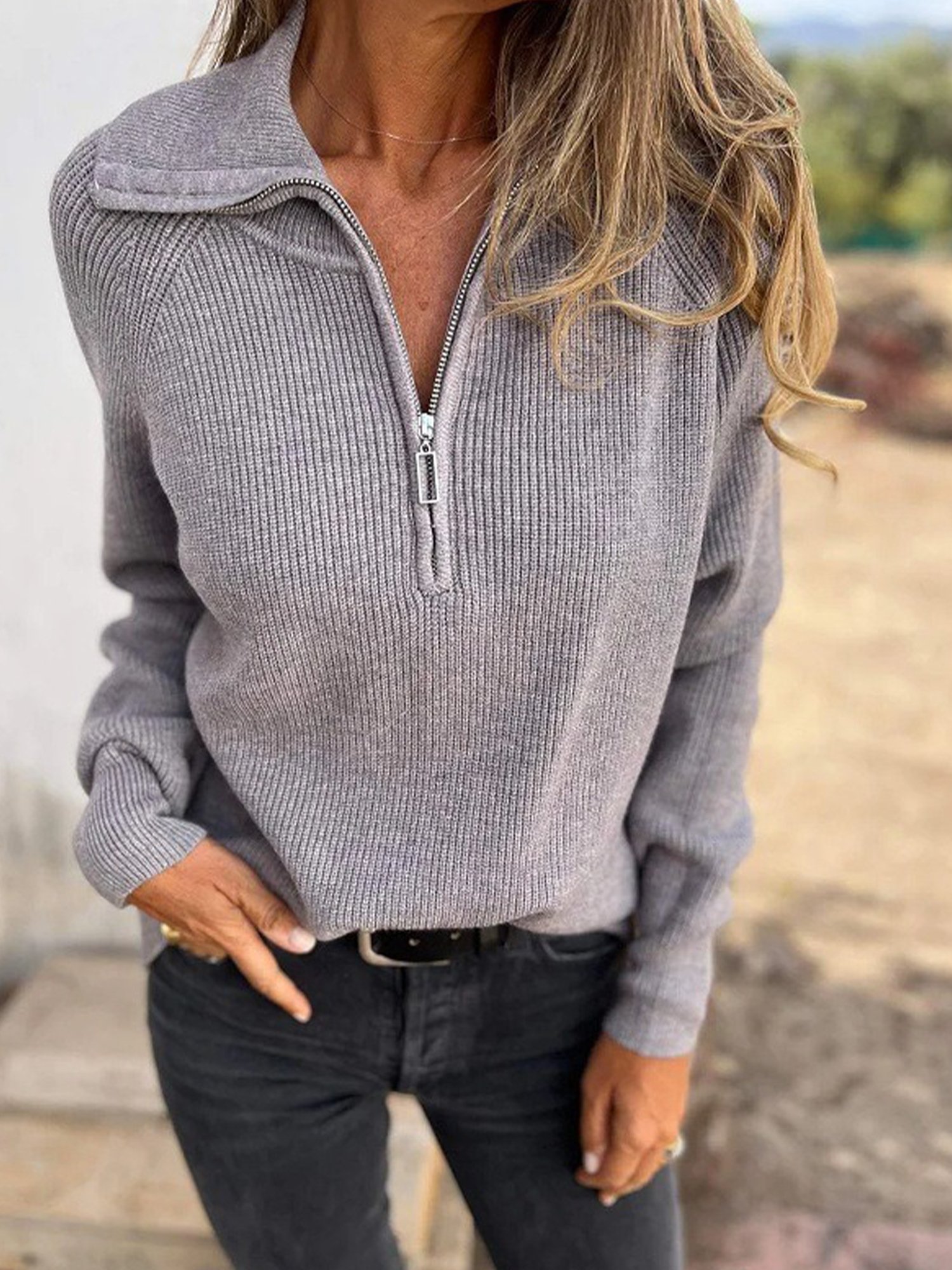 Damen Unifarben Langarm Bequem Lässig Pullover