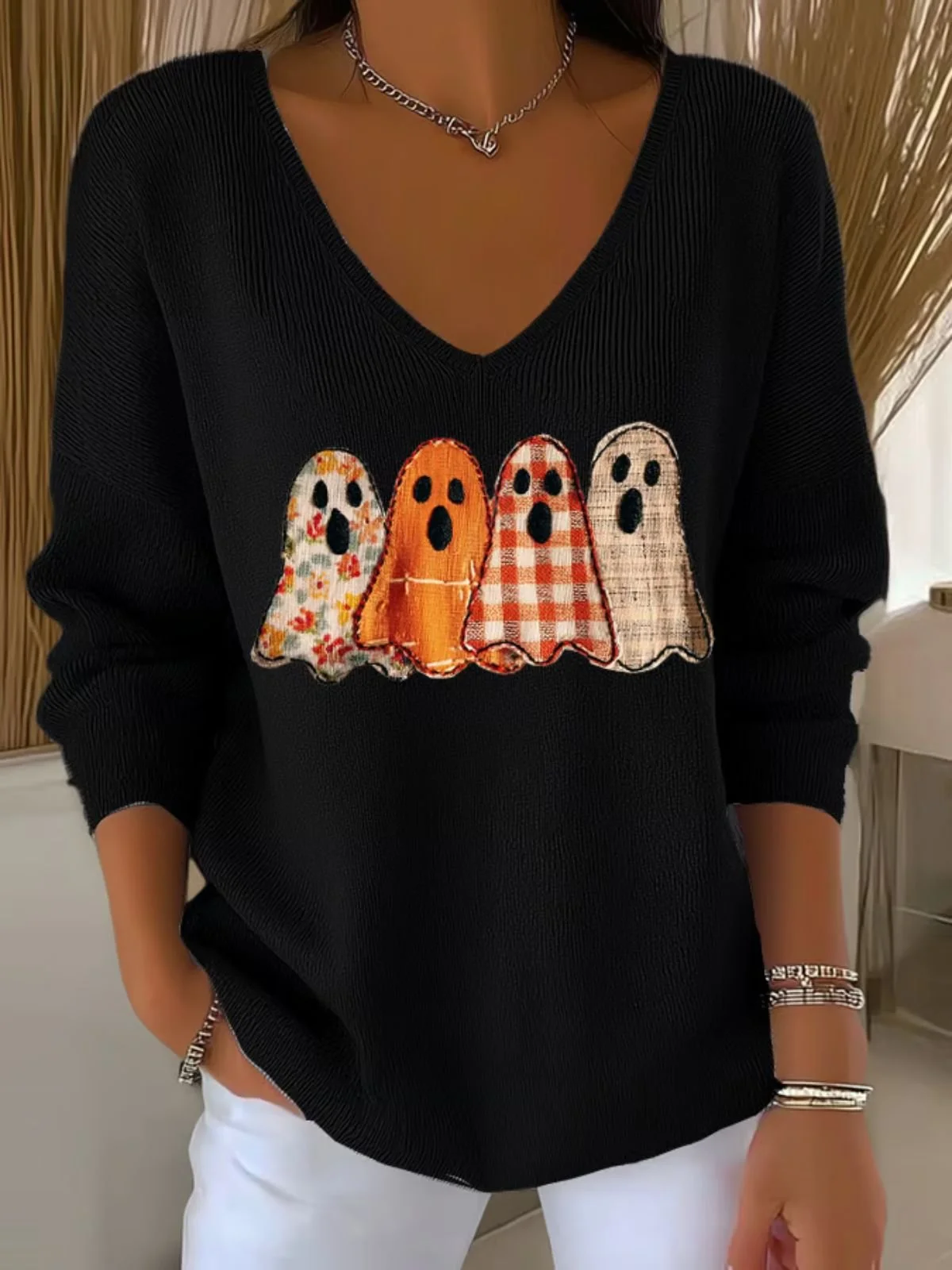 Damen Baumwolle Halloween Langarm Bequem Lässig Pullover