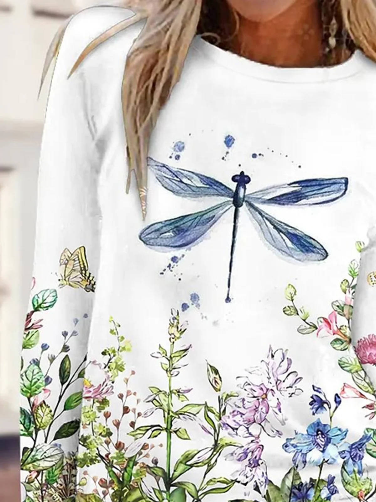 Lässig Geblümt Rundhals Langarm T-Shirt
