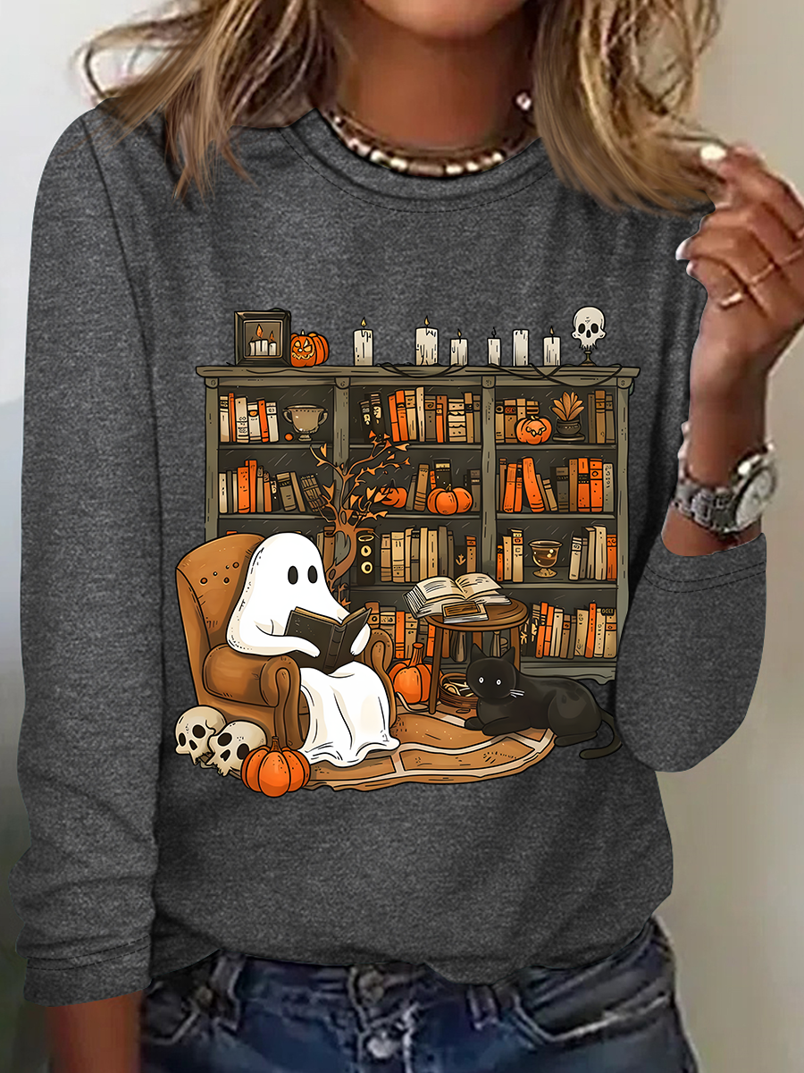 Rundhals Langarm Halloween Regelmäßig Mittlere Elastizität Weit Bluse für Damen
