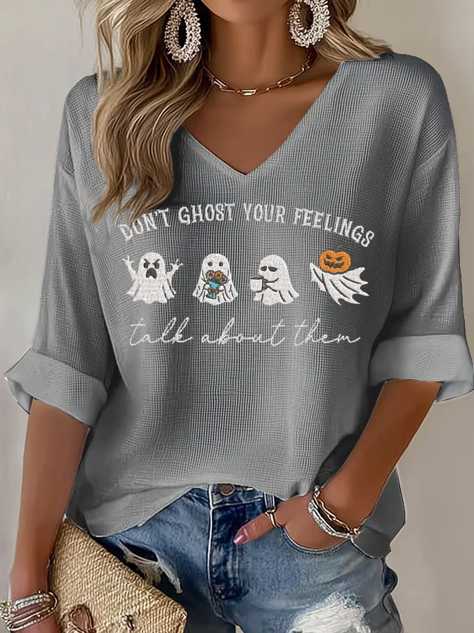 Lässig Textbriefe V-Ausschnitt Dreiviertelärmel T-Shirt