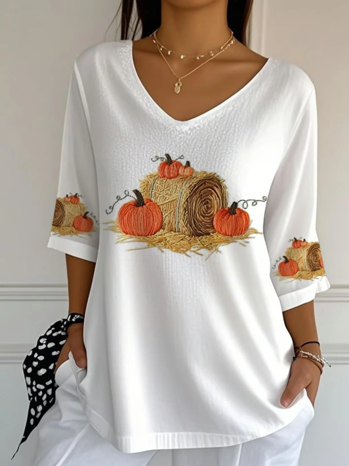 Retro Halloween (Kürbis) Rundhals Dreiviertelärmel T-Shirt