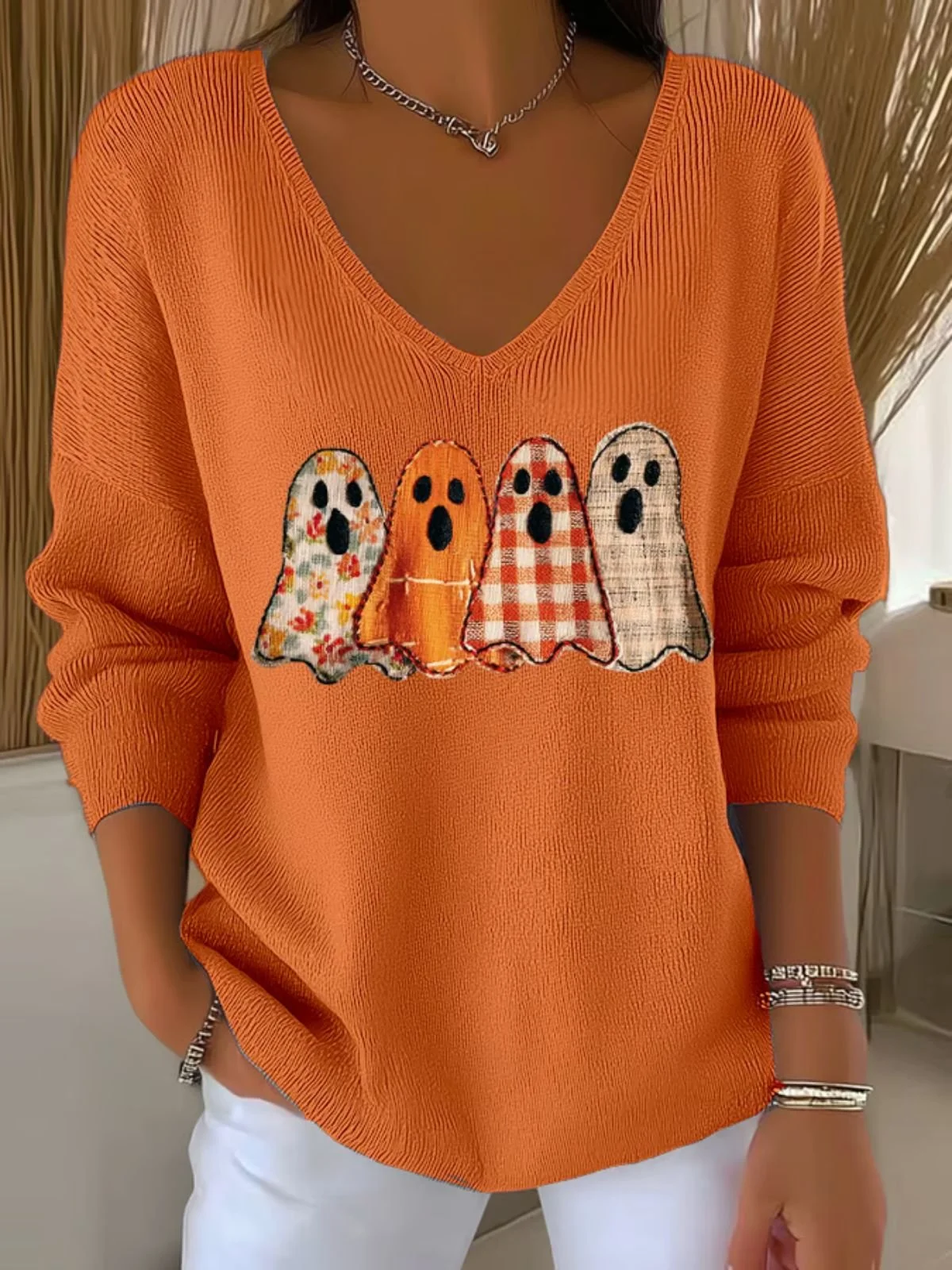 Damen Baumwolle Halloween Langarm Bequem Lässig Pullover