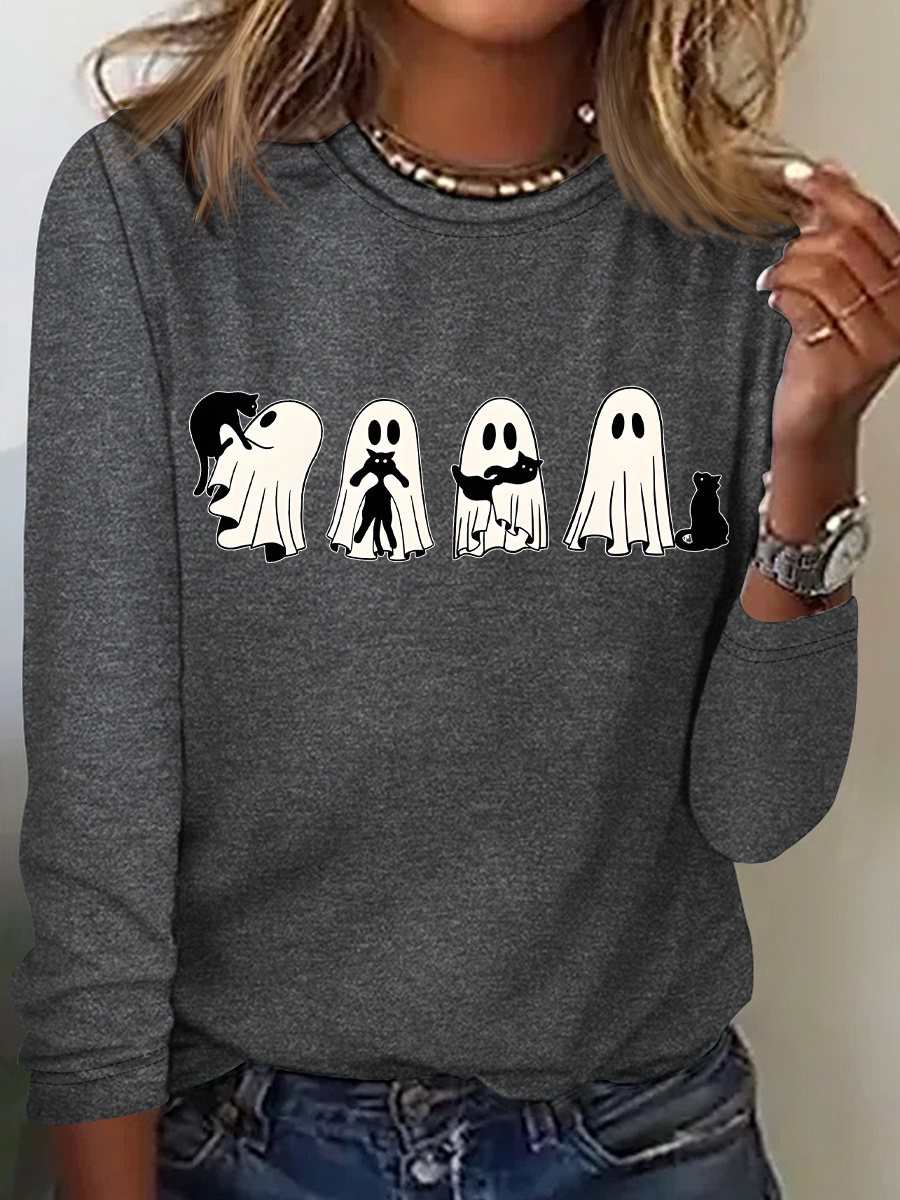 Rundhals Langarm Halloween Regelmäßig Mittlere Elastizität Weit Bluse für Damen