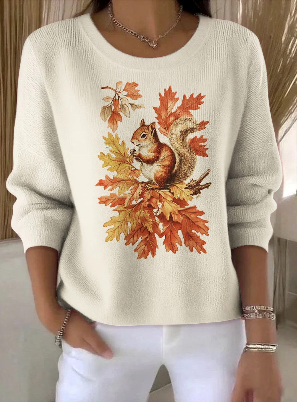 Damen Baumwolle Tier Langarm Bequem Retro Pullover