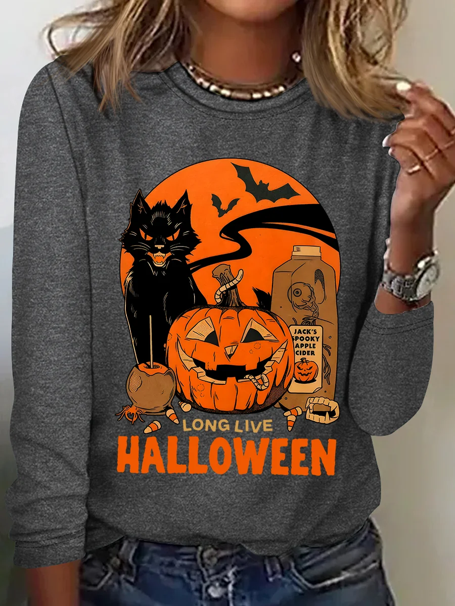Rundhals Langarm Halloween Regelmäßig Mittlere Elastizität Weit Bluse für Damen