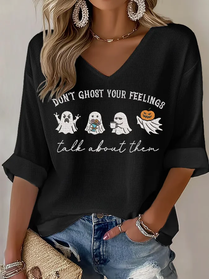 Lässig Textbriefe V-Ausschnitt Dreiviertelärmel T-Shirt