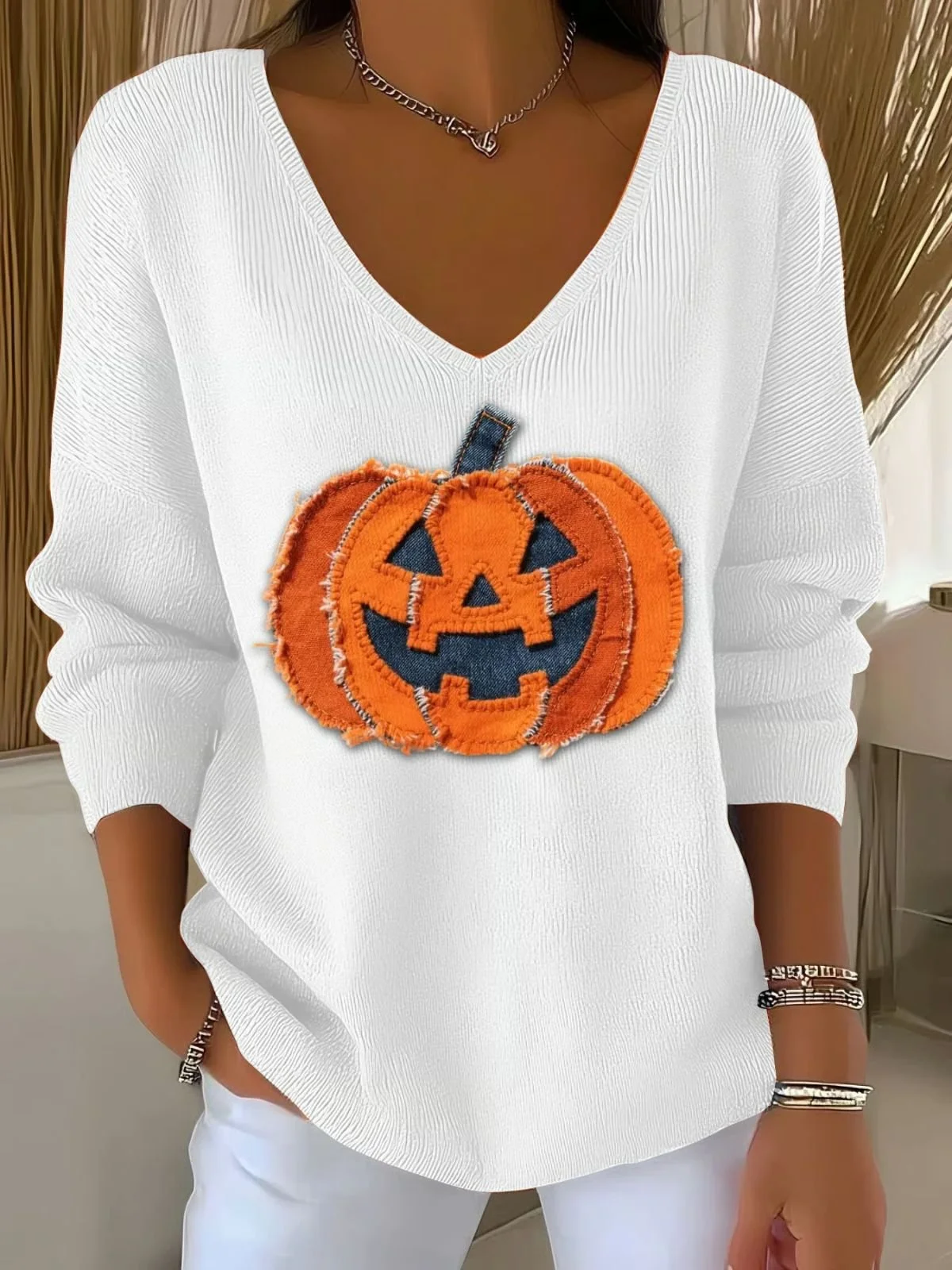 Damen Baumwolle Halloween (Kürbis) Langarm Bequem Lässig Pullover