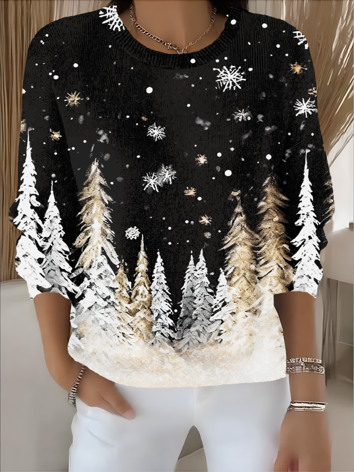 Damen Weihnachten Langarm Bequem Retro Pullover
