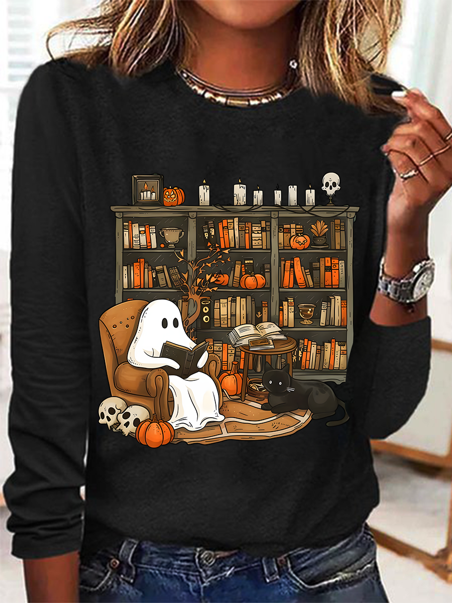 Rundhals Langarm Halloween Regelmäßig Mittlere Elastizität Weit Bluse für Damen