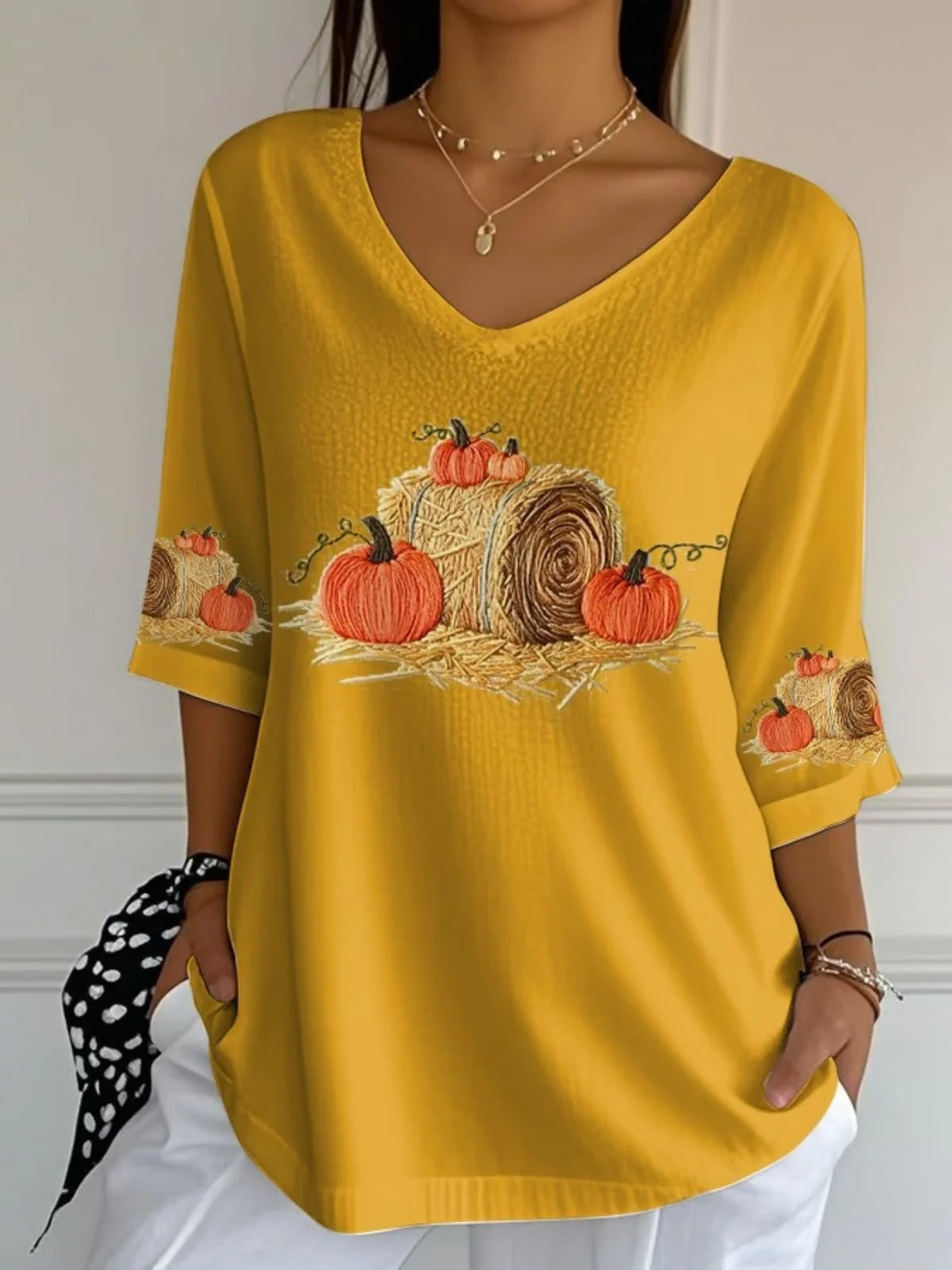 Retro Halloween (Kürbis) Rundhals Dreiviertelärmel T-Shirt