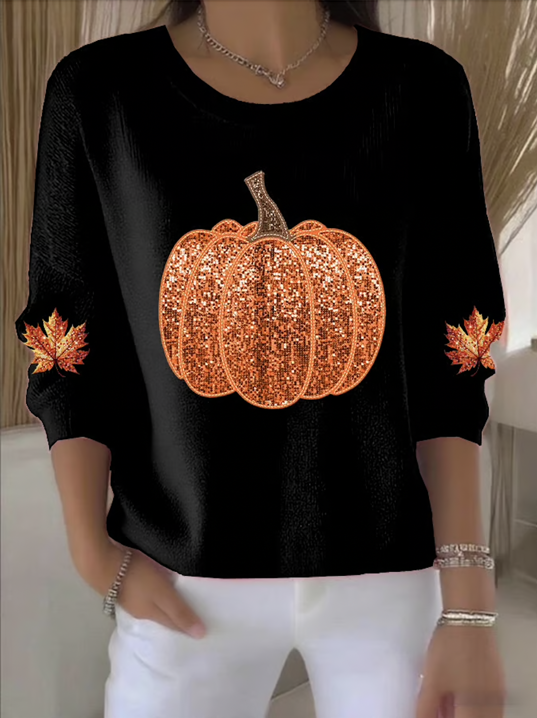 Damen Baumwolle Halloween Langarm Bequem Retro Pullover