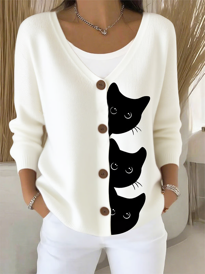 Damen Katze Langarm Bequem Lässig Strickjacke