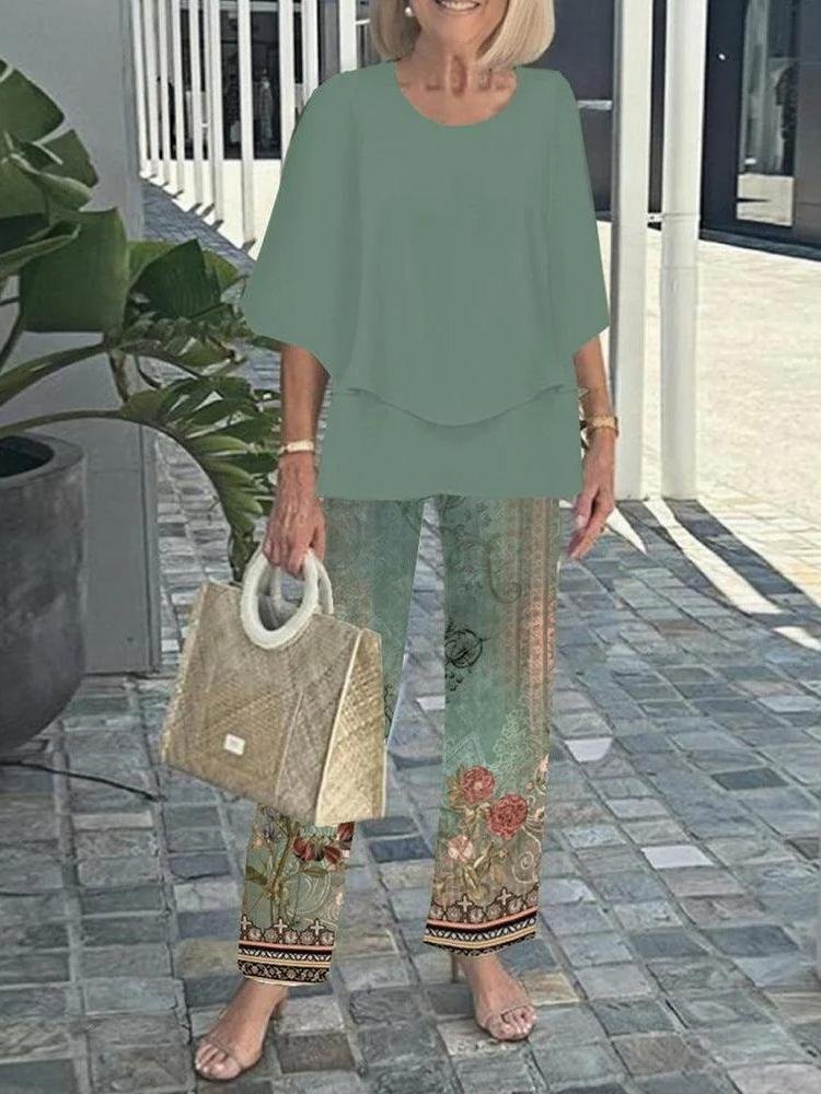 Damen Gestreift Bell-Ärmel Zweiteiliges Set Urlaub Dreiviertelärmel Retro Frühling/Herbst Bluse mit Hose Matching Set