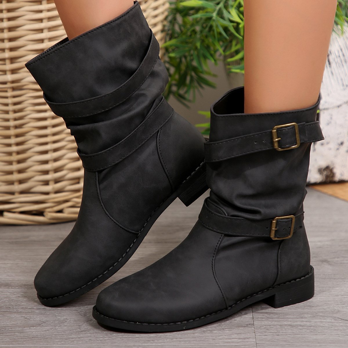 Retro Unifarben Slip On Flach Gerade Stiefel