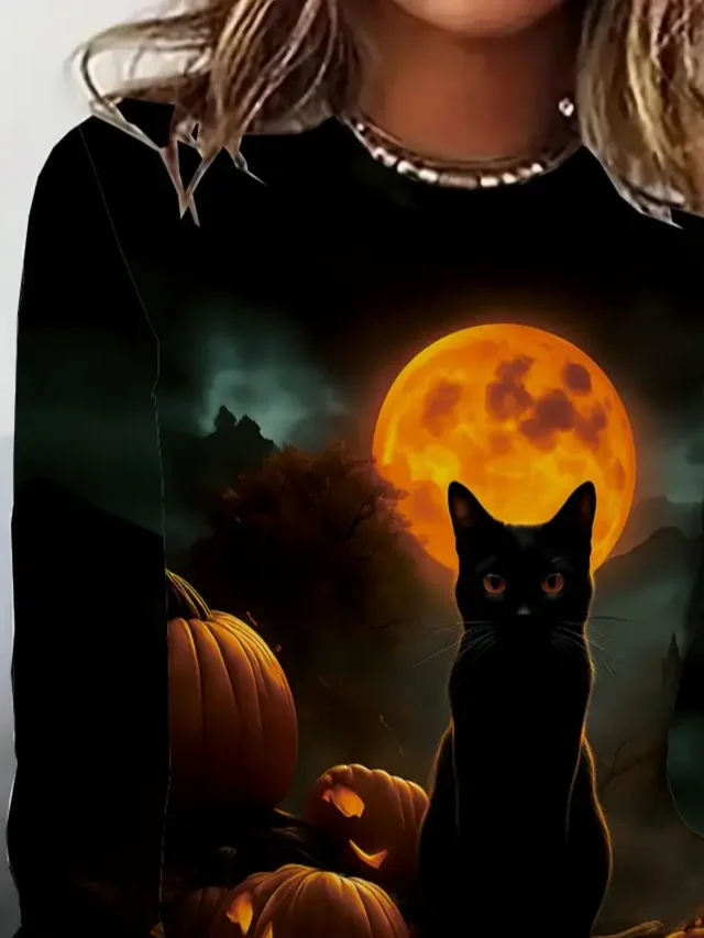 Lässig Katze Rundhals Langarm T-Shirt