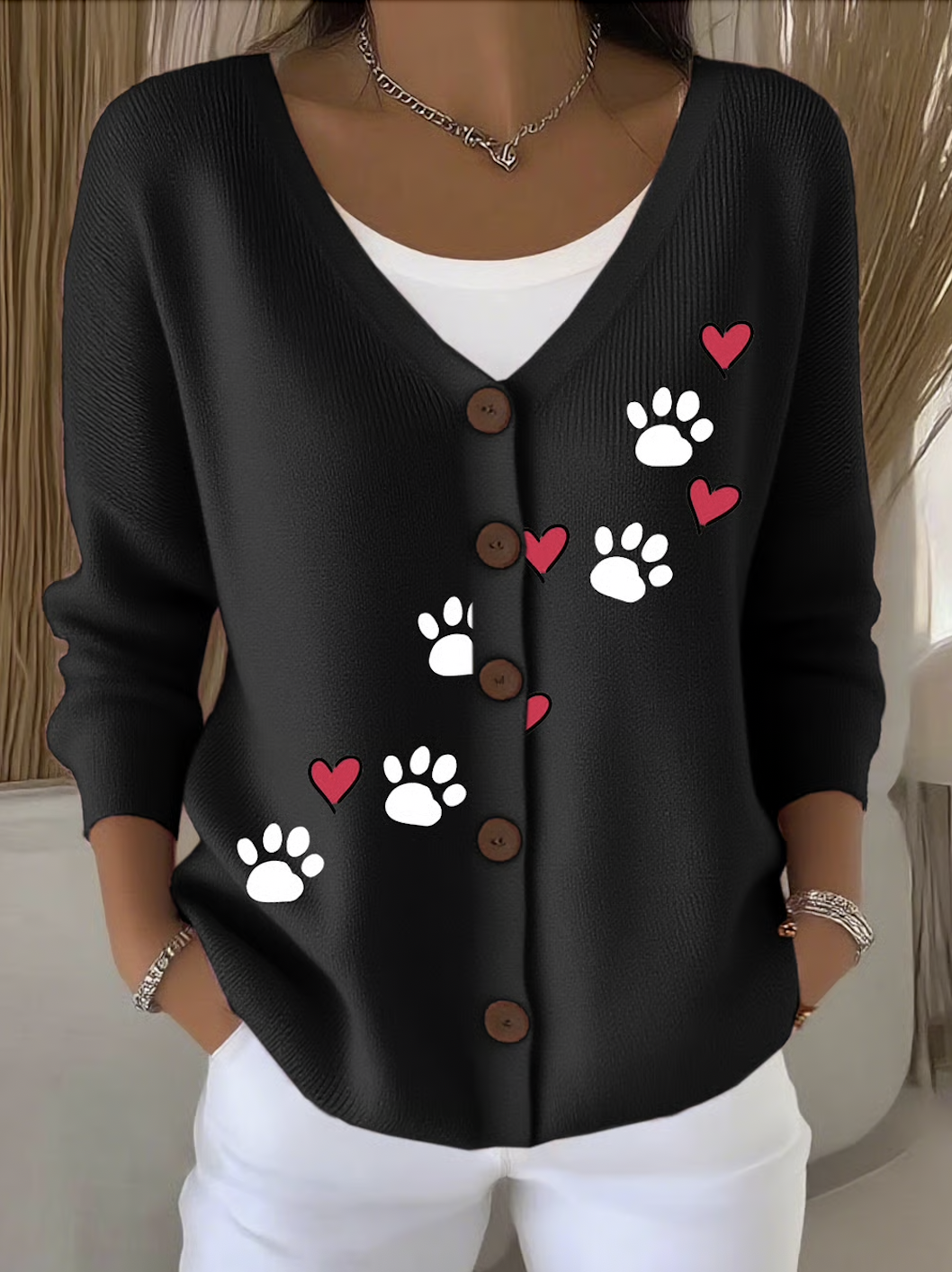 Damen Baumwolle Tier Langarm Bequem Lässig Strickjacke