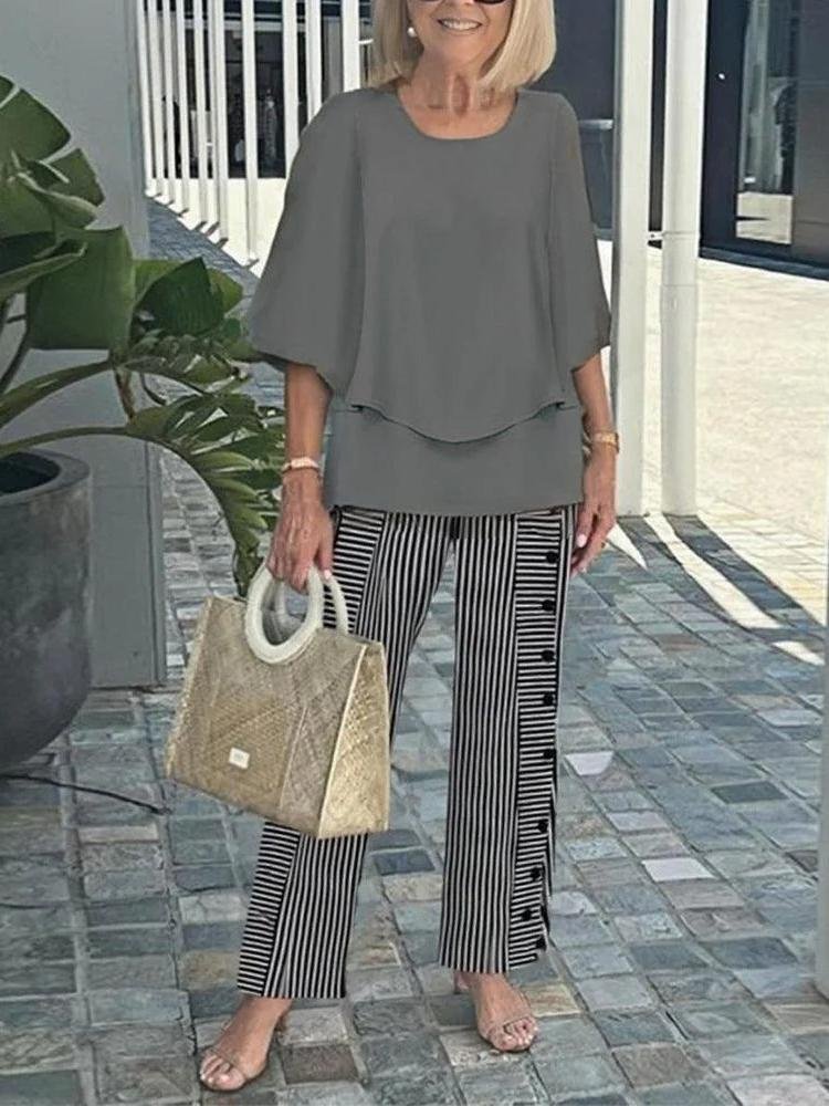 Damen Gestreift Bell-Ärmel Zweiteiliges Set Urlaub Dreiviertelärmel Retro Frühling/Herbst Bluse mit Hose Matching Set