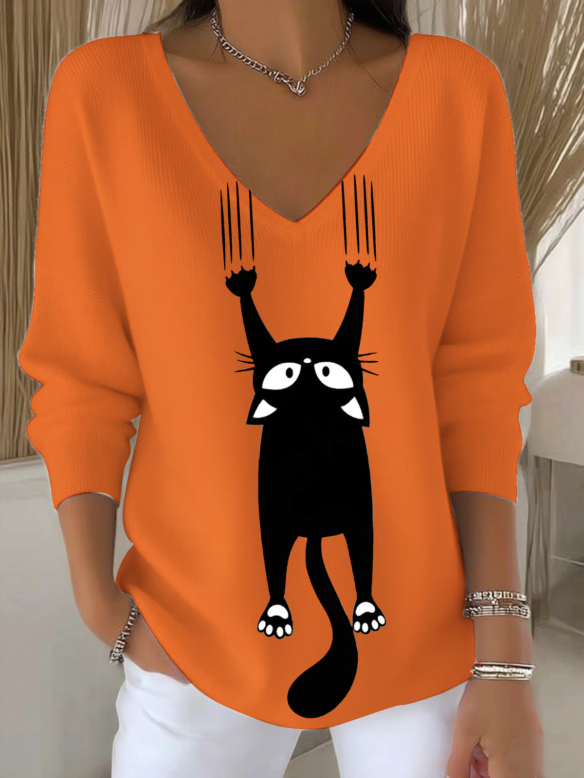 Lässig Unifarben V-Ausschnitt Langarm T-Shirt