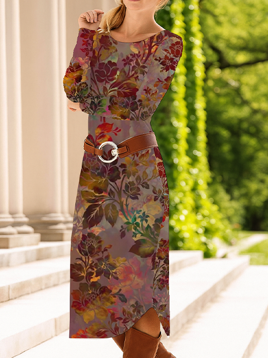 Damen Geblümt Frühling/Herbst Kleid Rundhals Langarm T-Shirt-Kleid A-Linien-Kleid