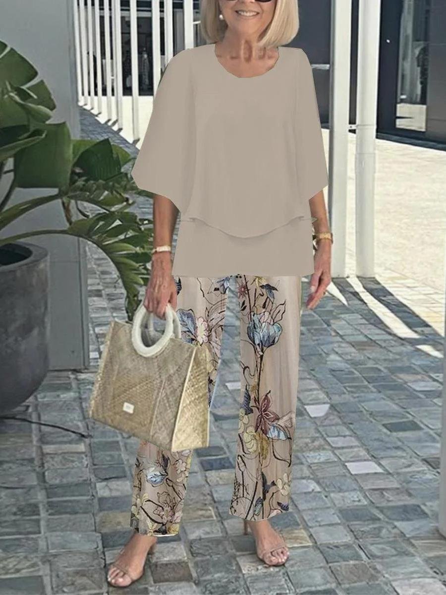 Damen Gestreift Bell-Ärmel Zweiteiliges Set Urlaub Dreiviertelärmel Retro Frühling/Herbst Bluse mit Hose Matching Set
