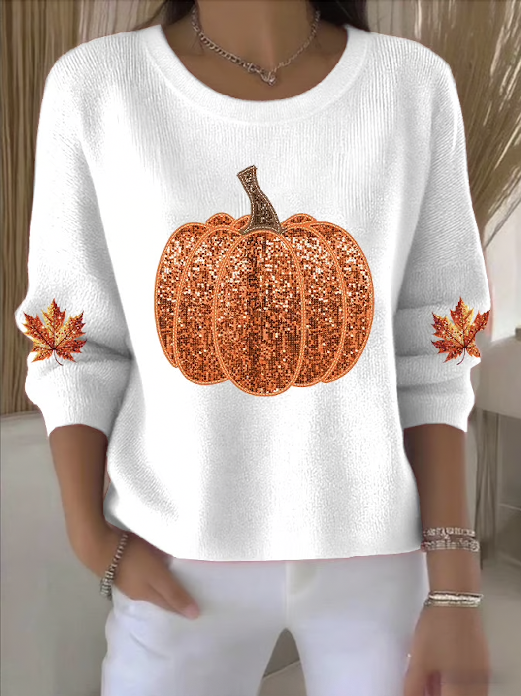 Damen Baumwolle Halloween Langarm Bequem Retro Pullover