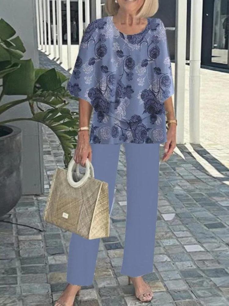 Damen Gestreift Bell-Ärmel Zweiteiliges Set Urlaub Dreiviertelärmel Retro Frühling/Herbst Bluse mit Hose Matching Set