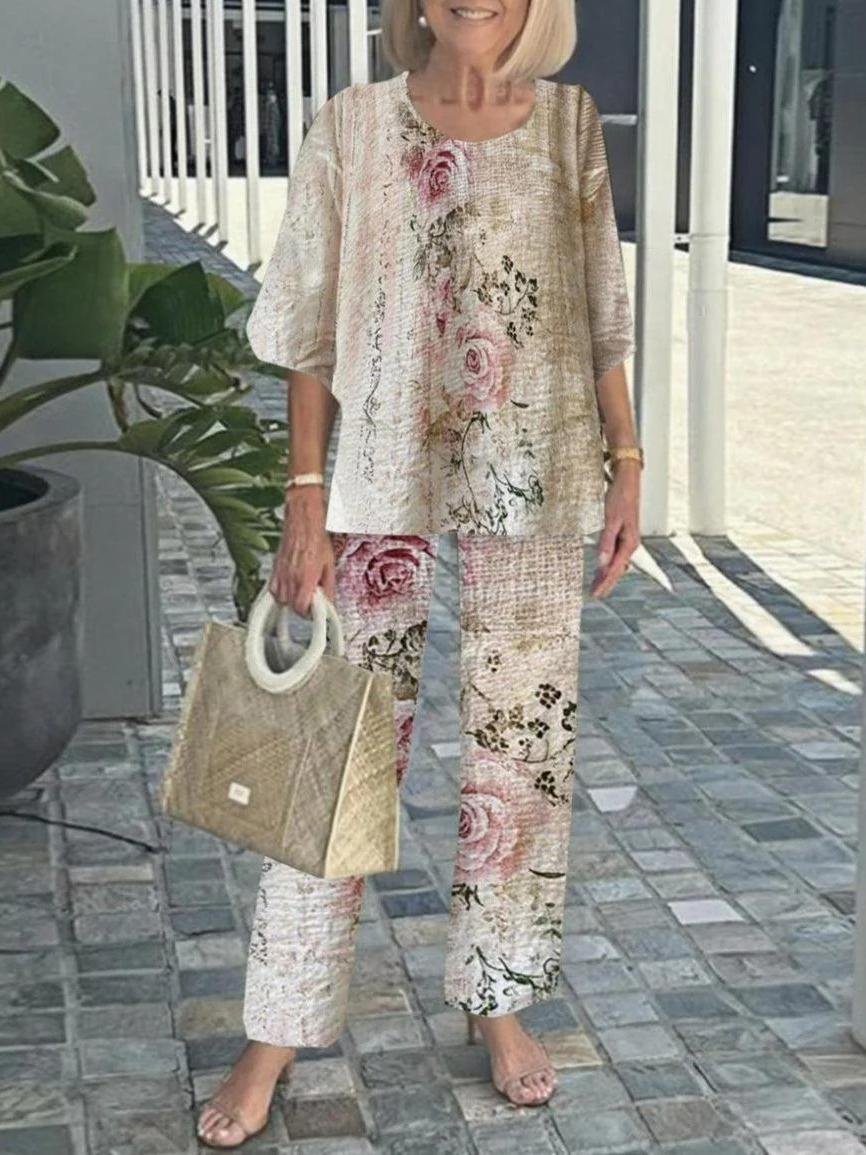 Damen Gestreift Bell-Ärmel Zweiteiliges Set Urlaub Dreiviertelärmel Retro Frühling/Herbst Bluse mit Hose Matching Set