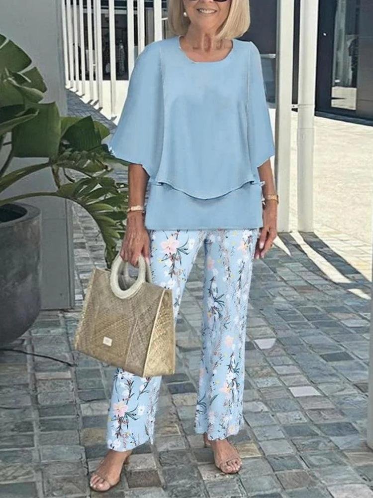Damen Gestreift Bell-Ärmel Zweiteiliges Set Urlaub Dreiviertelärmel Retro Frühling/Herbst Bluse mit Hose Matching Set